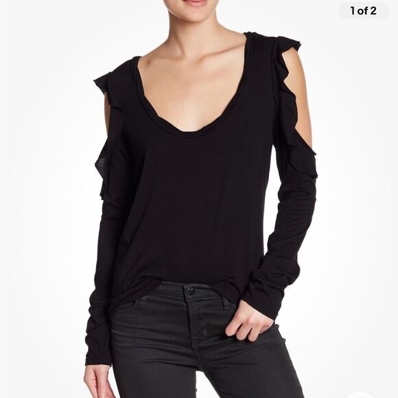 Pam & Gela Long Sleeve Draped Ruffle Cold Shoulder Tee Top - S - Picture 1 of 16